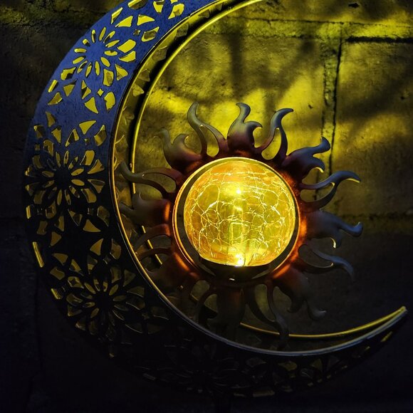 Whimsical Crescent  AMBER Sun Metal and Glass Solar Stake - Picture 1 of 4